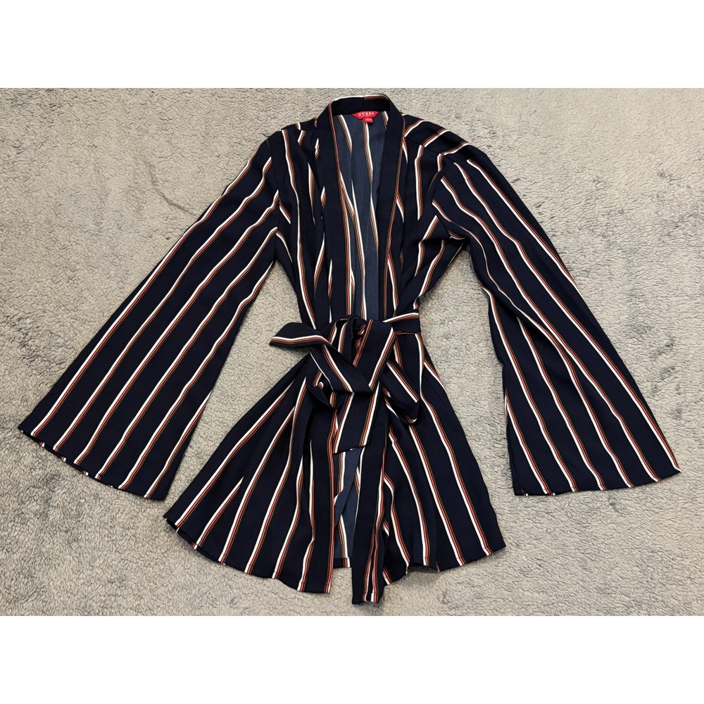 Guess Kimono Top Womens XS/S Navy Blue Striped Belted Tie Front Boho Flowy